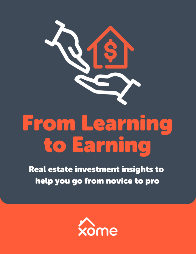 An illustrated cover in slate gray and bright orange that says From Learning to Earning: Real estate investment insights to help you go from novice to pro