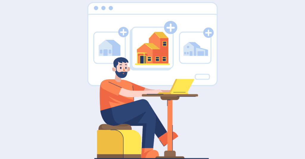 illustration of man at a table with a laptop browsing real estate listings