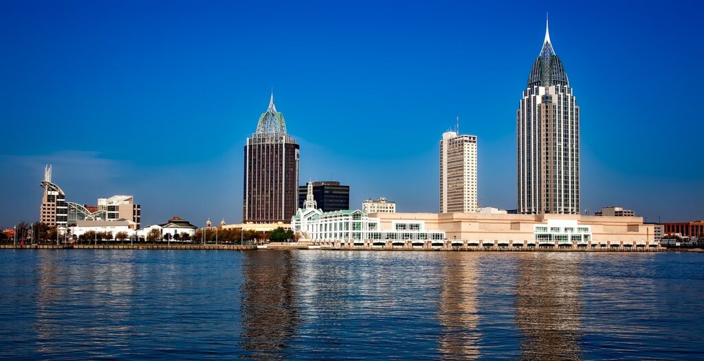 City panorama against a blue sky with skyscrapers set against water