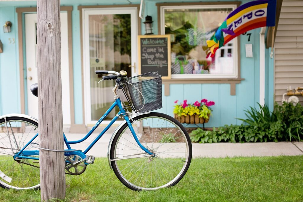 old bicycle, quaint town, old