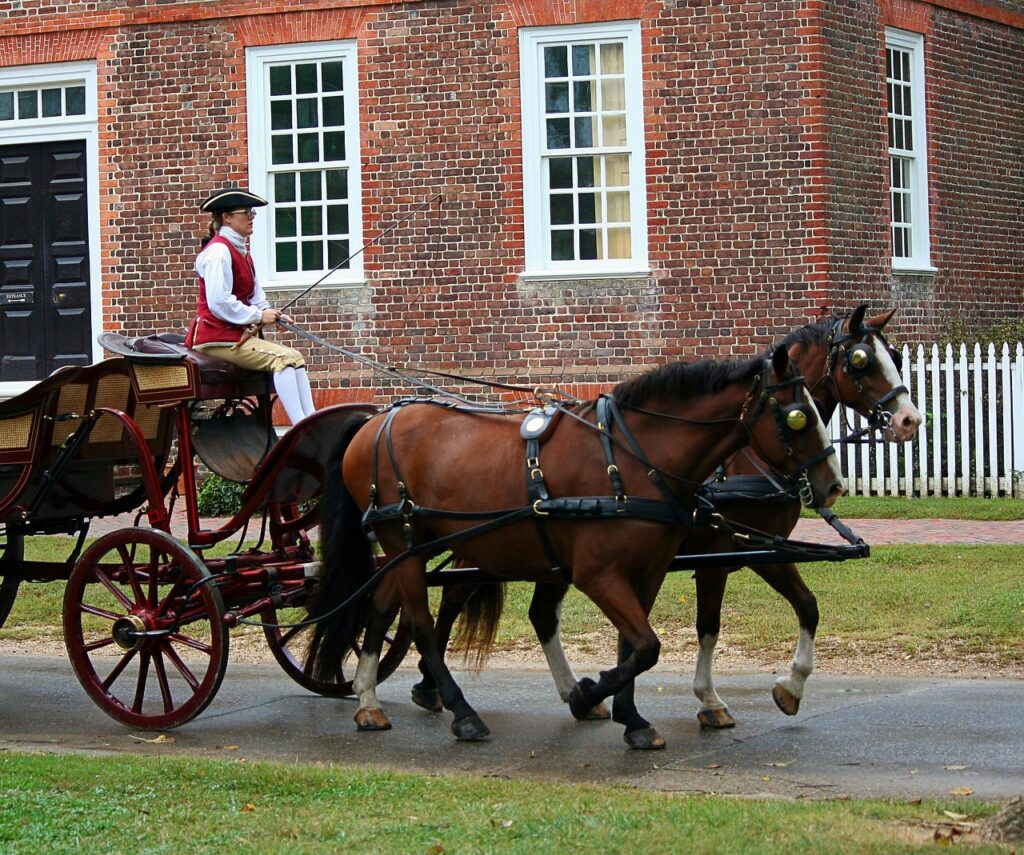 Horses and a carriage being driven in front of a red brick building by a man in colonial historical garb