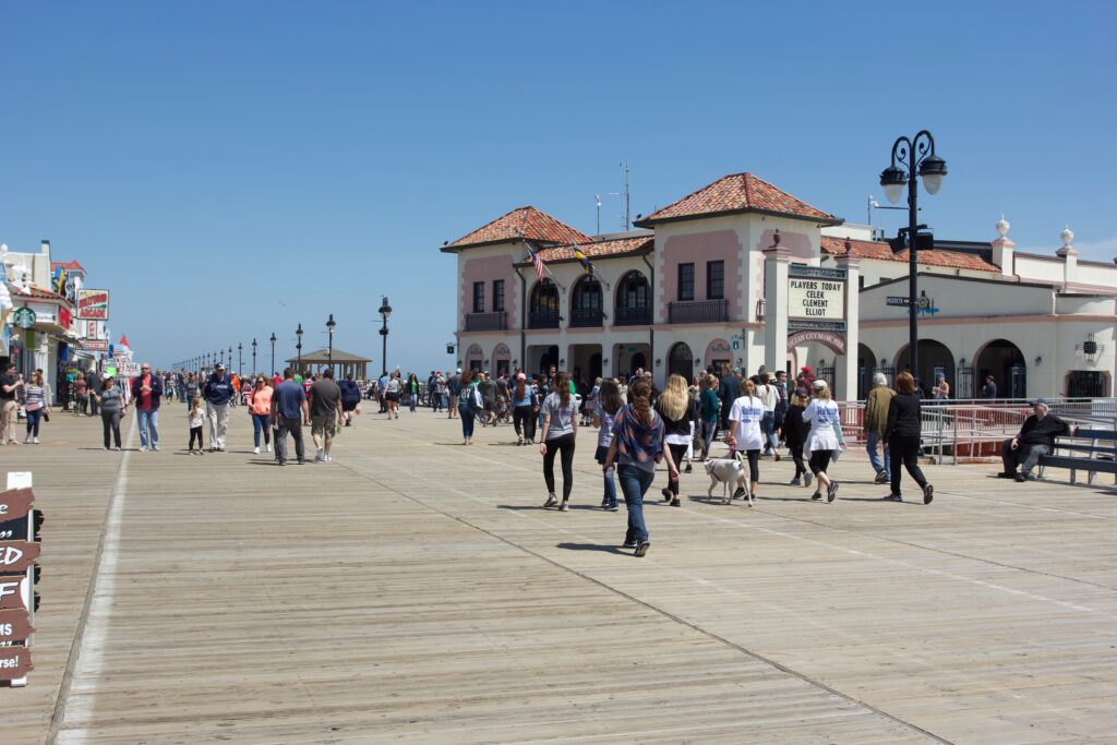 ocean boardwalk against a blue sky with people walking around