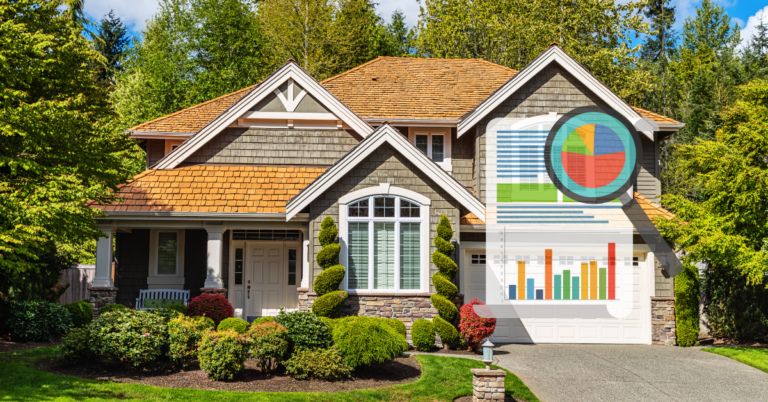 An image of a gray house surrounded by trees with a graphic of a data report with a magnifying glass superimposed over it