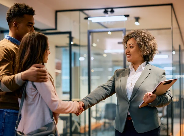 woman greeting people